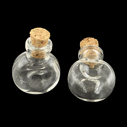 Bouteille en verre plat rond pour les contenants de perles, avec bouchon en liège, souhaitant bouteille, 25x20x11mm, Trou: 6mm