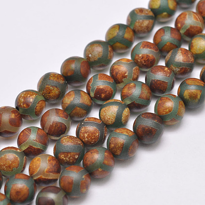 Tibetan Style Turtle Back Pattern dZi Beads Strands, Natural & Dyed Agate Beads, Matte Style, Round