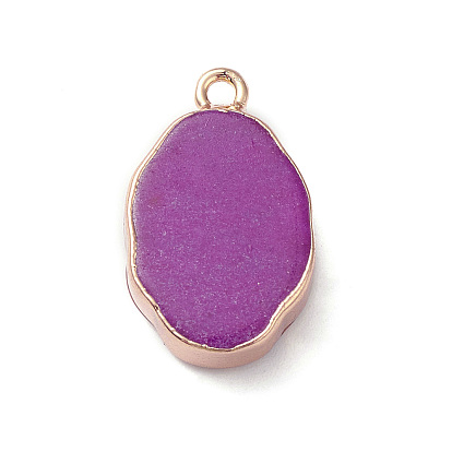 Gemstone Pendants, Oval Charms with Golden Brass Edge