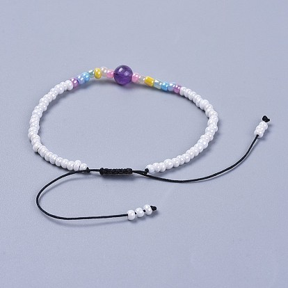 Fils de nylon ajustables bracelets de perles tressées, avec perles rondes en pierres naturelles et perles de verre