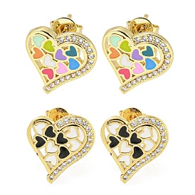 Heart Real 18K Gold Plated Brass Stud Earrings, with Enamel and Cubic Zirconia