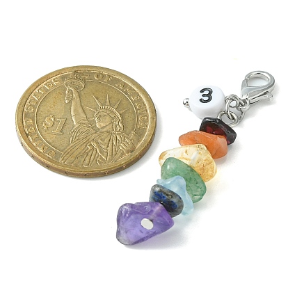 Chakra Natural Gemstone Chips Pendant Decoration, with Flat Round and Black Number Acrylic Beads, Zinc Alloy Lobster Claw Clasps