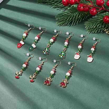 Abalorio esmaltado con tema navideño y pendientes colgantes de perlas de cristal, joyas de latón chapado en oro para mujer.