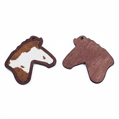 Eco-Friendly Cowhide Leather Big Pendants, with Dyed Wood, Horse's Head