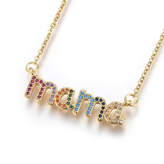 304 Stainless Steel Pendant Necklaces, Mother's Day Jewelry, with Cubic Zirconia, Word Mama