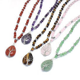 Gemstone Pendant Necklaces, with Brass Findings, Teardrop with Tree