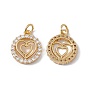 Brass Micro Pave Clear Cubic Zirconia Pendants, with Jump Ring, Cadmium Free & Nickel Free & Lead Free, Rack Plating, Flat Round with Heart PatternE