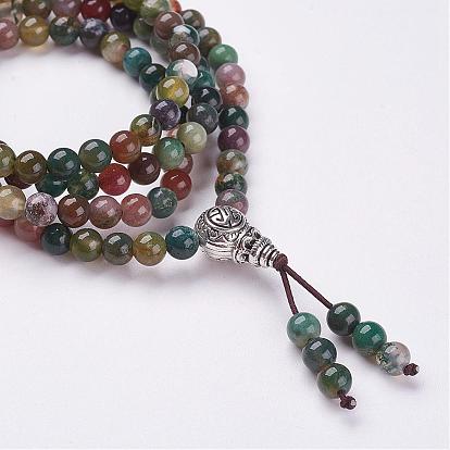 Natural Indian Agate Wrap Bracelets, with Alloy Findings, Four Loops