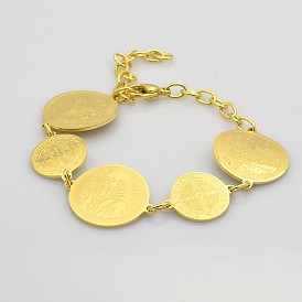 Médaille de saint Benoît 304 lien bracelets en acier inoxydable, fermoirs pince de homard et chaînes terminales, 7-1/8 pouces (180 mm)