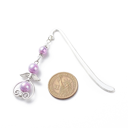 Angel Hook Bookmarks, AB Color Acrylic Round Beaded Bookmarks, Alloy Heart with Wing Pendants Book Marker