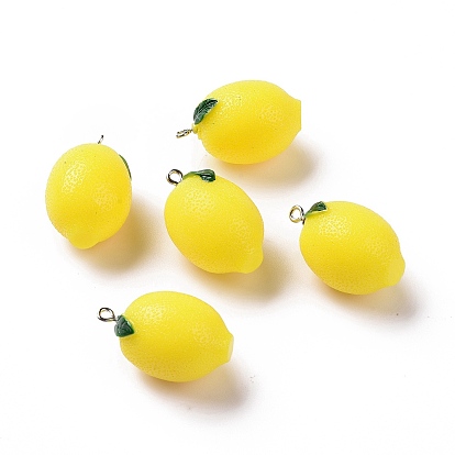 Opaque Resin Fruit Pendants, Lemon Charms, with Platinum Tone Iron Loops