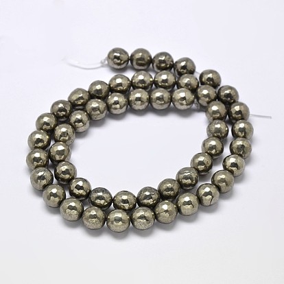 Perles rondes de pyrite naturelle brins, à facettes (128 facettes), Grade a