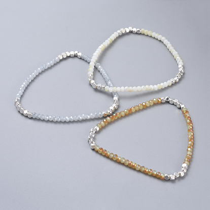 Electroplate Glass Beads  Stretch Bracelets, with Cube Brass Beads