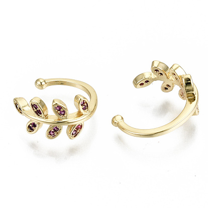 Brass Micro Pave Cubic Zirconia Cuff Earrings, Cadmium Free & Nickel Free & Lead Free, Leaf, Real 16K Gold Plated