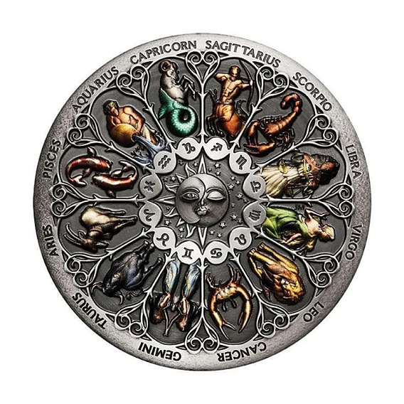 Monedas conmemorativas de aleación, monedas de la suerte, con estuche de protección, plano y redondo con 12 constelaciones