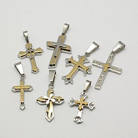 304 Stainless Steel Pendants, with Rhinestone, Mixed Style, Cross, 24.5~33.5x14.5~21.5x2.5~6mm, Hole: 9x4.5mm