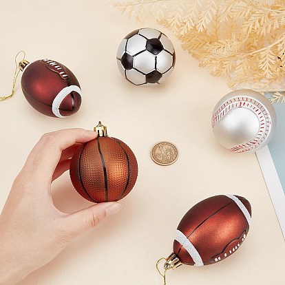CHGCRAFT 6Pcs Football & Basketball & Baseball & Rugby Plastic Christmas Ball Pendants, with Cyprian Gold Thread, for Party Christmas Tree Ornaments Decoration