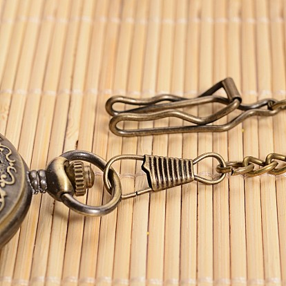Plat rond ouvrable avec un verre d'alliage de dragon montre de poche pendentif, avec une chaîne en fer, montre à quartz, 355 mm, tête de montre: 59x47x14 mm