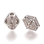 Hollow Brass Micro Pave Clear Cubic Zirconia Beads, Bicone
