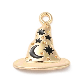 Halloween Theme Alloy Pendants, with Enamel, Hat with Moon & Star Charm, Golden