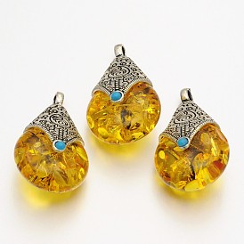 Pendentifs de style tibétain en forme de larme, accessoires en alliage avec la cire d'abeille, argent antique, 38x22.5x17.5mm, Trou: 4mm
