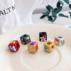 Christmas Acrylic European Beads, with Enamel, Large Hole Beads, Cube with Mixed Pattern