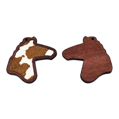 Eco-Friendly Cowhide Leather Big Pendants, with Dyed Wood, Horse Head