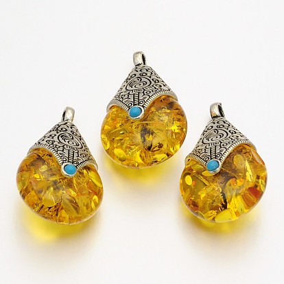 Pendentifs de style tibétain en forme de larme, accessoires en alliage avec la cire d'abeille, argent antique, 38x22.5x17.5mm, Trou: 4mm