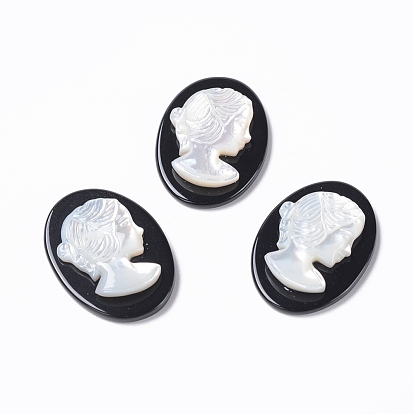 Natural Black Agate Cameo Cabochons, with Shell, Oval with Women Portrait