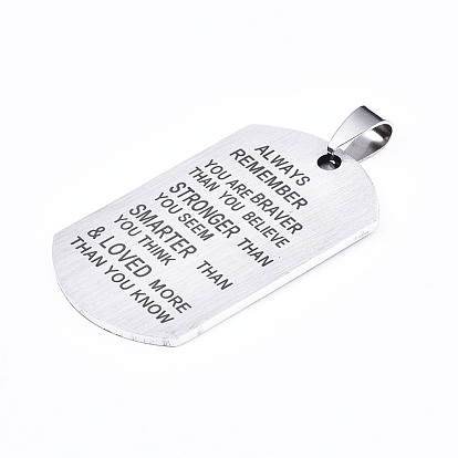 201 Stainless Steel Quote Pendants, Stamped Dog Tags, Inspirational Gift Jewelry, Rectangle, Laser Cut