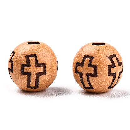 Imitation Wood Acrylic Beads, Round with Cross Pattern