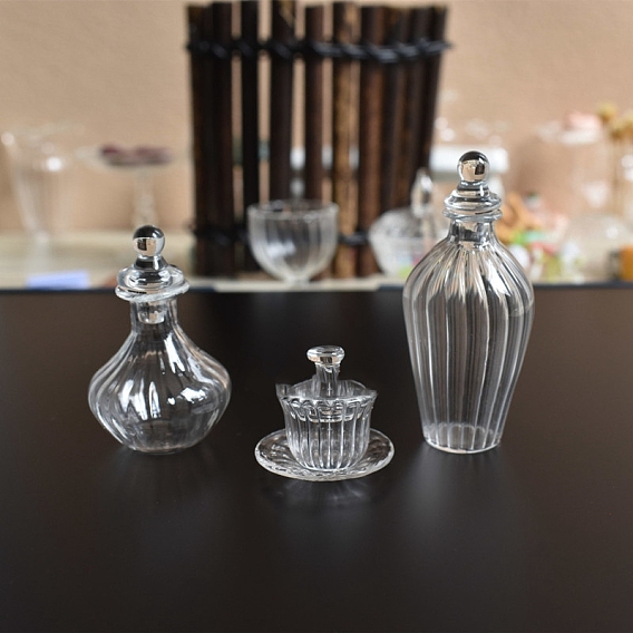 Botella de vidrio en miniatura, con tapa, para accesorios de casa de muñecas que simulan decoraciones de utilería
