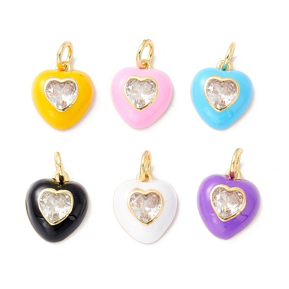 Rack Plating Brass Clear Cubic Zirconia Charms, with Enamel, Cadmium Free & Lead Free, Real 18K Gold Plated, Heart