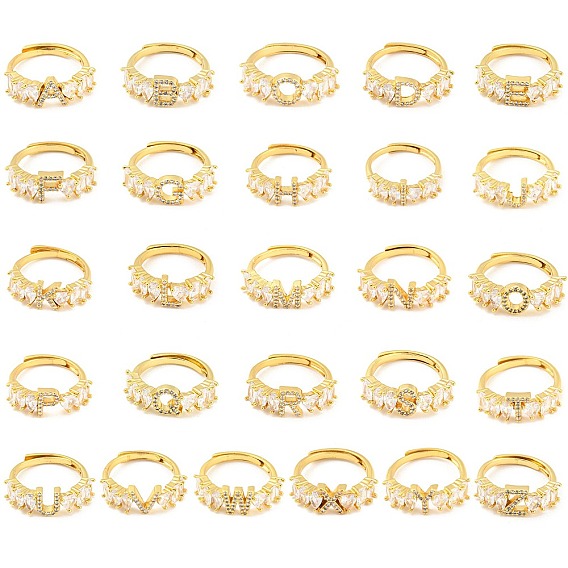 26Pcs 26 Style Initial Letter A~Z Clear Cubic Zirconia Adjustable Rings Set, Brass Alphabet Rings for Women, Lead Free & Cadmium Free