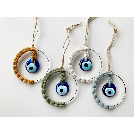 Handmade Woven Cotton Thread with Turkish Glass Evil Eye Wall Hanging Ornament, with Iron Ring