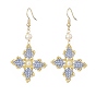Boucles d'oreilles pendantes croix fleurie perlées de rocailles de verre avec perle coquillage ronde, bijoux en laiton pour femmes
