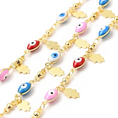 Enamel Evil Eye Link Chains, with Real 18K Gold Plated Brass Hamsa Hand Charms, Soldered, with Spools, Long-Lasting Plated