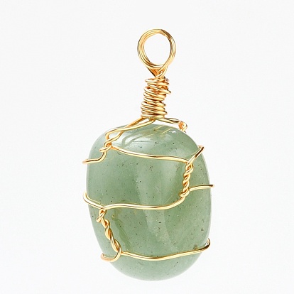 Natural Gemstone Pendants, Wire Wrapped Pendants, with Golden Plated Copper Wire, Nuggets
