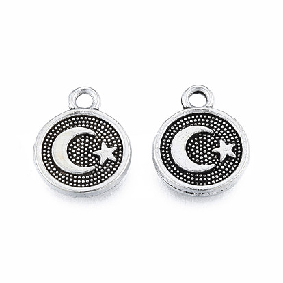 Tibetan Style Alloy Charms, Cadmium Free & Lead Free, Flat Round with Moon & Star