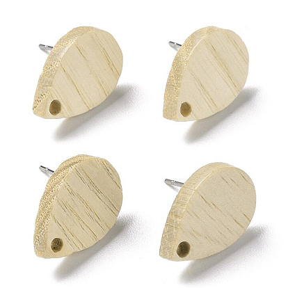 Natural Ash Wood Stud Earring Findings, with 304 Stainless Steel Pin, Teardrop