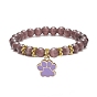 Cat Eye Round Beads Beaded Bracelets, Alloy Enamel Dog Paw Prints Charm Stretch Bracelets for Woman
