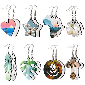 8 Sets 8 Style DIY Sublimation Blank Earring Making Finding Kit, Including MDF Wooden Earring Charm, Sublimation Printing Unfinished Earring Blank Charm, 304 Stainless Steel Earring Hooks