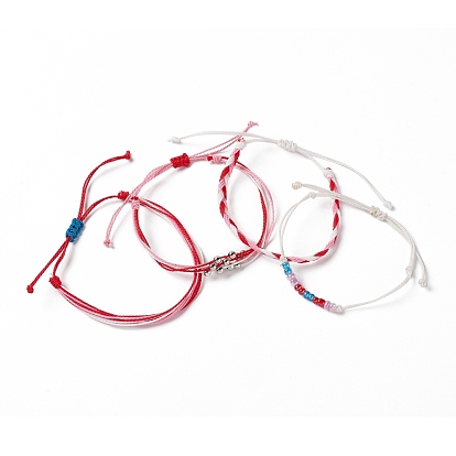 4Pcs 4 Style Alloy & Glass Braided Bead Bracelets Set, Waxed Polyester Cord Adjustable Bracelets for Women