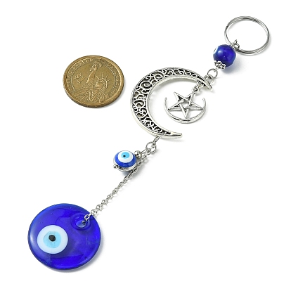 Flat Round with Evil Eye Handmade Lampwork Pendant Decorations, with Alloy Moon & Star Hanging Ornaments