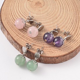 Natural Gemstone Ear Studs, with 304 Stainless Steel Findings, 22mm, Pin: 0.7mm