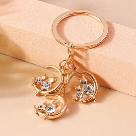 Porte-clés en métal strass cristal, lune avec chat