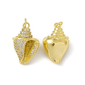 Rack Plating Brass Micro Pave Cubic Zirconia Pendants, with Jump Ring, Real 18K Gold Plated, Long-Lasting Plated, Cadmium Free & Nickel Free & Lead Free, Conch Charm