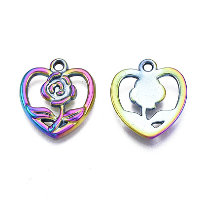 Rack Plating Rainbow Color Alloy Pendants, Cadmium Free & Nickel Free & Lead Free, Heart with Flower