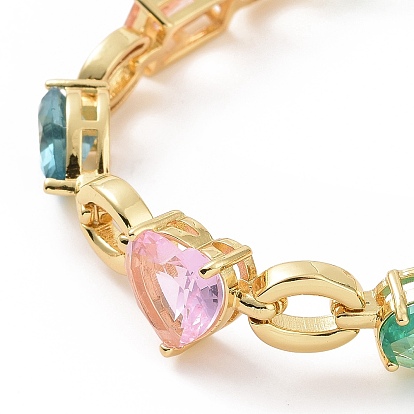 Colorful Cubic Zirconia Heart & Rectangle & Teardrop Link Chain Bracelet, Brass Jewelry for Women