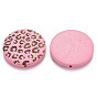 Painted Natural Wood Beads, Laser Engraved Pattern, Flat Round with Leopard Print